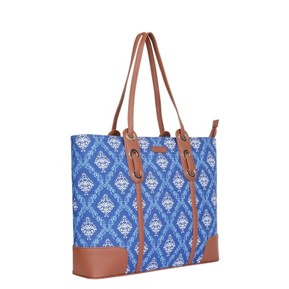 Blue Print Shoulder Tote Bag for Ladies, Hand Crafted Fabric Satchel Handbags - Picture 8 of 10